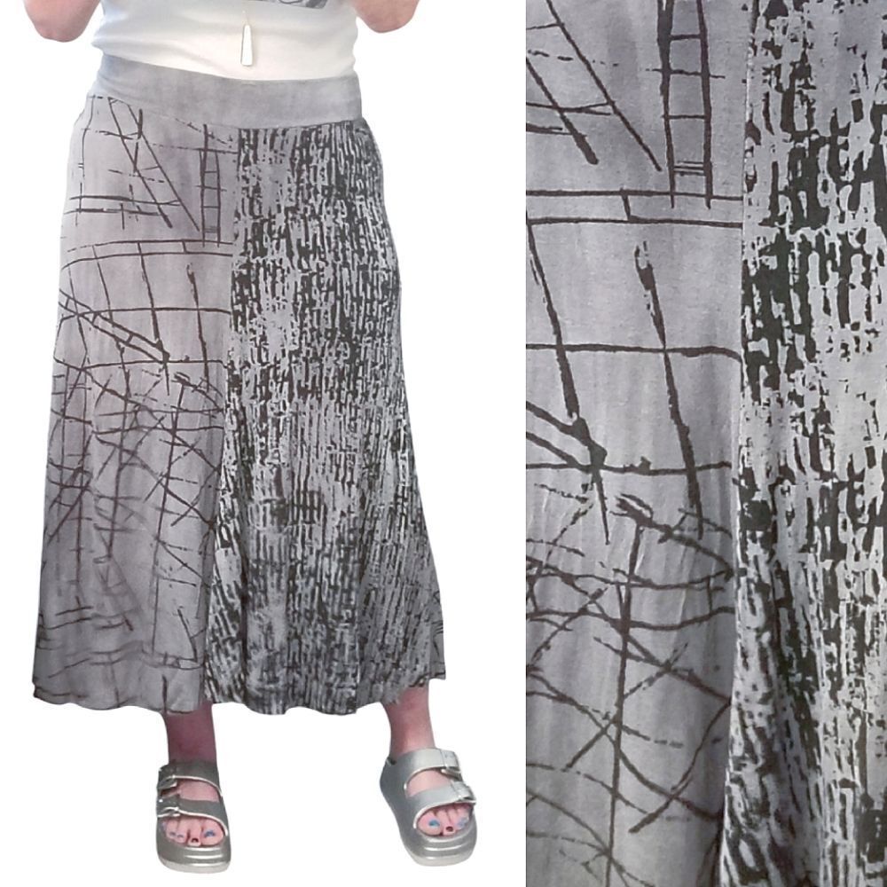 VTG‎ Y2K Grey Black Abstract Print High Low Grunge Fairycore Midi Skirt Large
